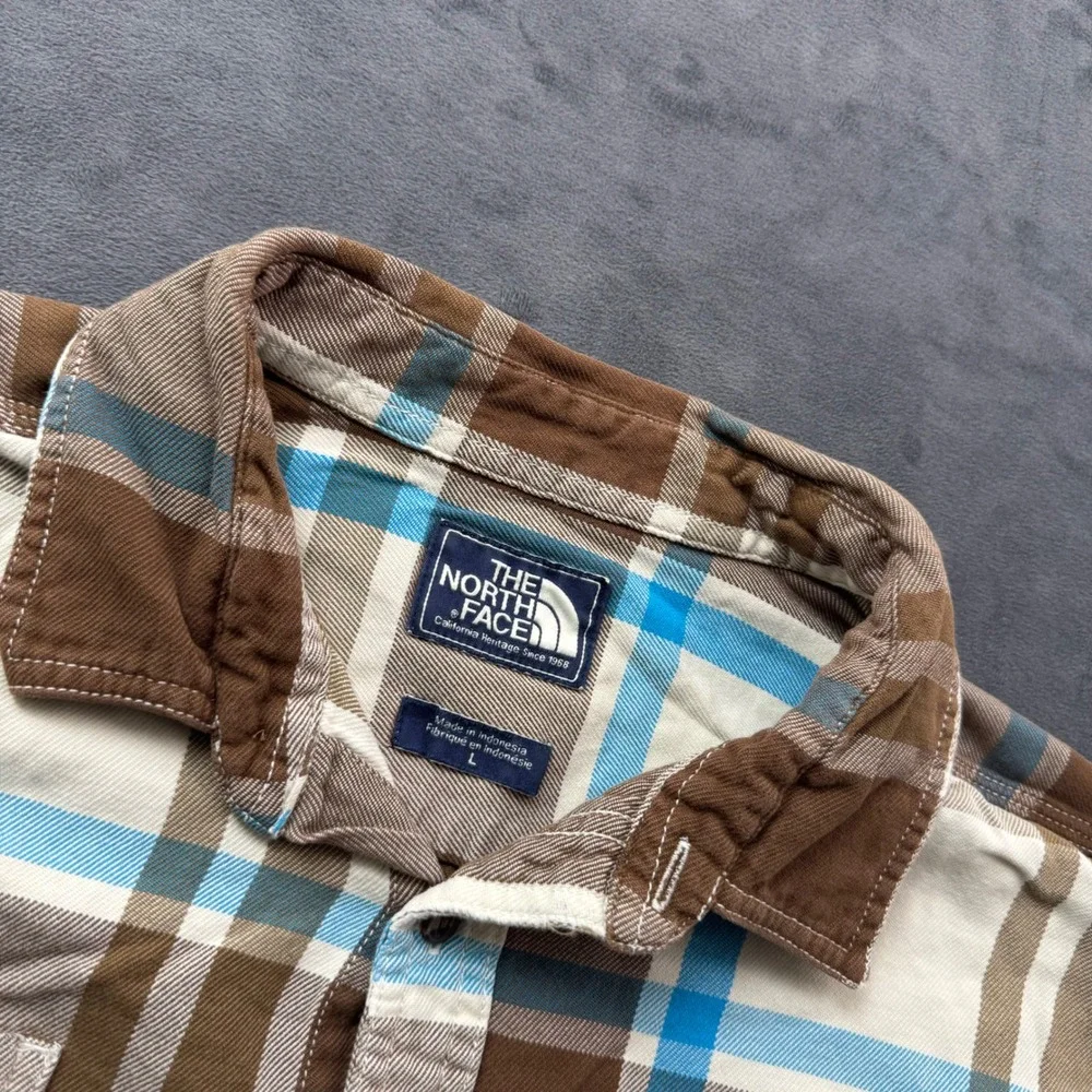 The North Face Mens Plaid Flannel Shirt Brown Blue Long Sleeve Large L Button Up